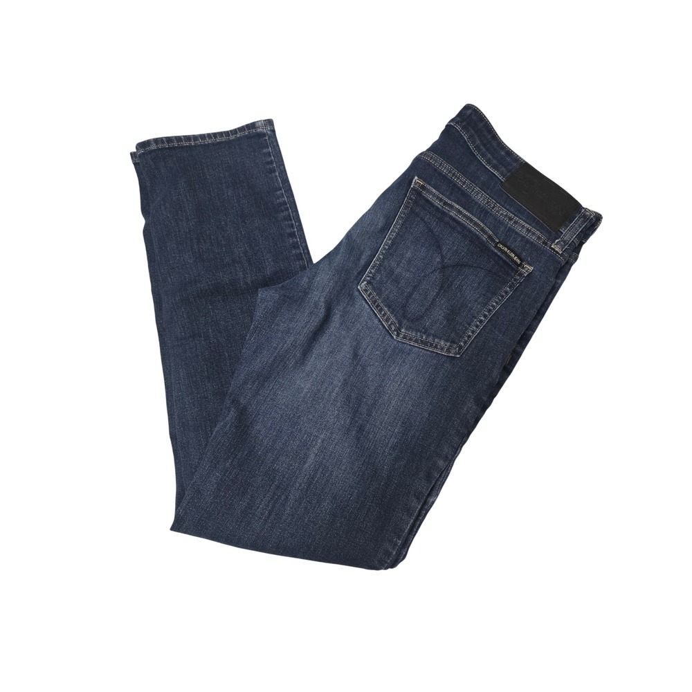 Calvin Klein Mens 34x32 Cotton Blend Slim Fit Denim Jeans Dark Blue Wash EUC